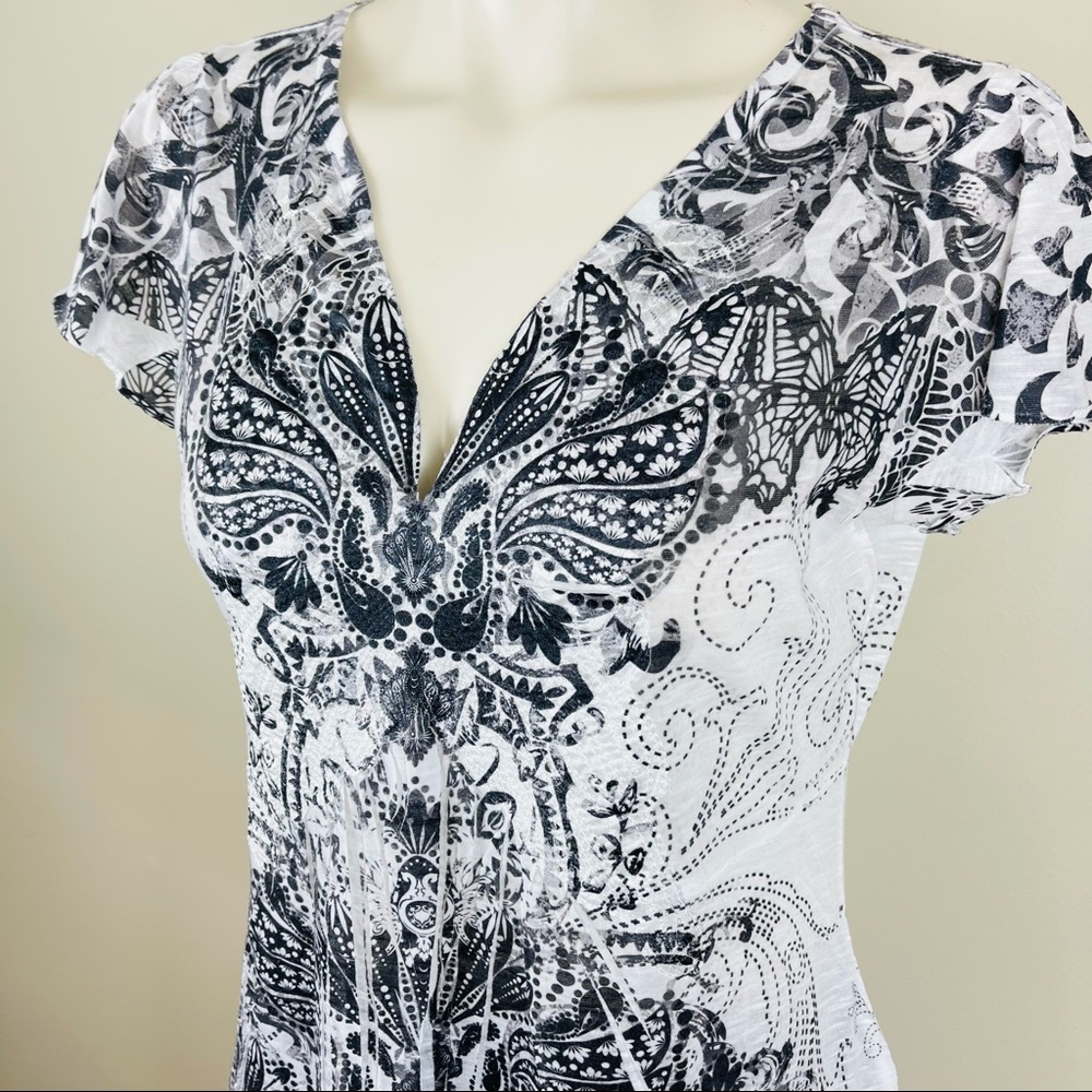 APT 9 blouse MODERN Striking FLORAL V NECK silky sheen LONGER LENTGH feminine - Picture 10 of 12